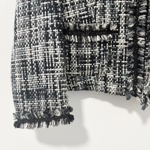 Spenser Jeremy Womens Tweed Blazer Jacket Black Gray White Fringe Open Front - Picture 7 of 9